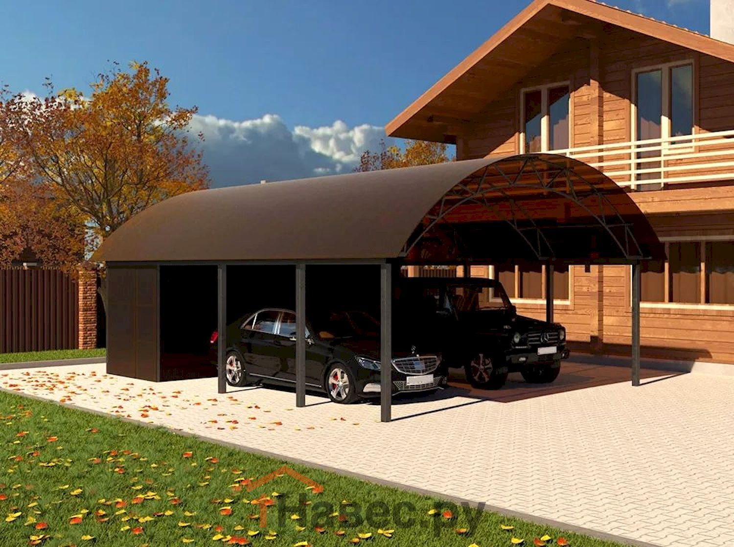 Арочный навес из поликарбоната с хозяйственным блоком на 2 места